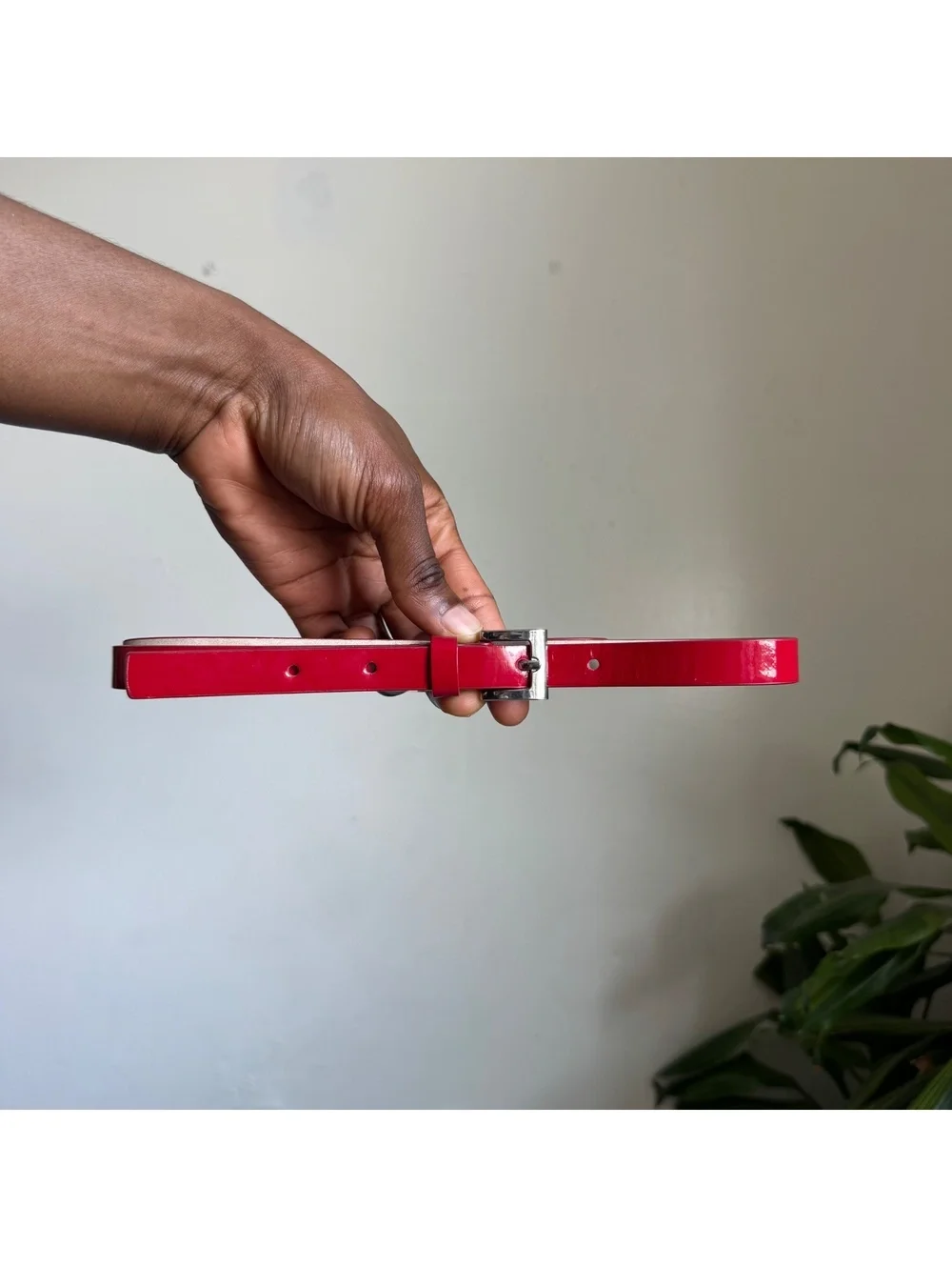 Y2K Cherry Red Patent Skinny Belt Silver Buckle | Office Siren Retro Fits like M